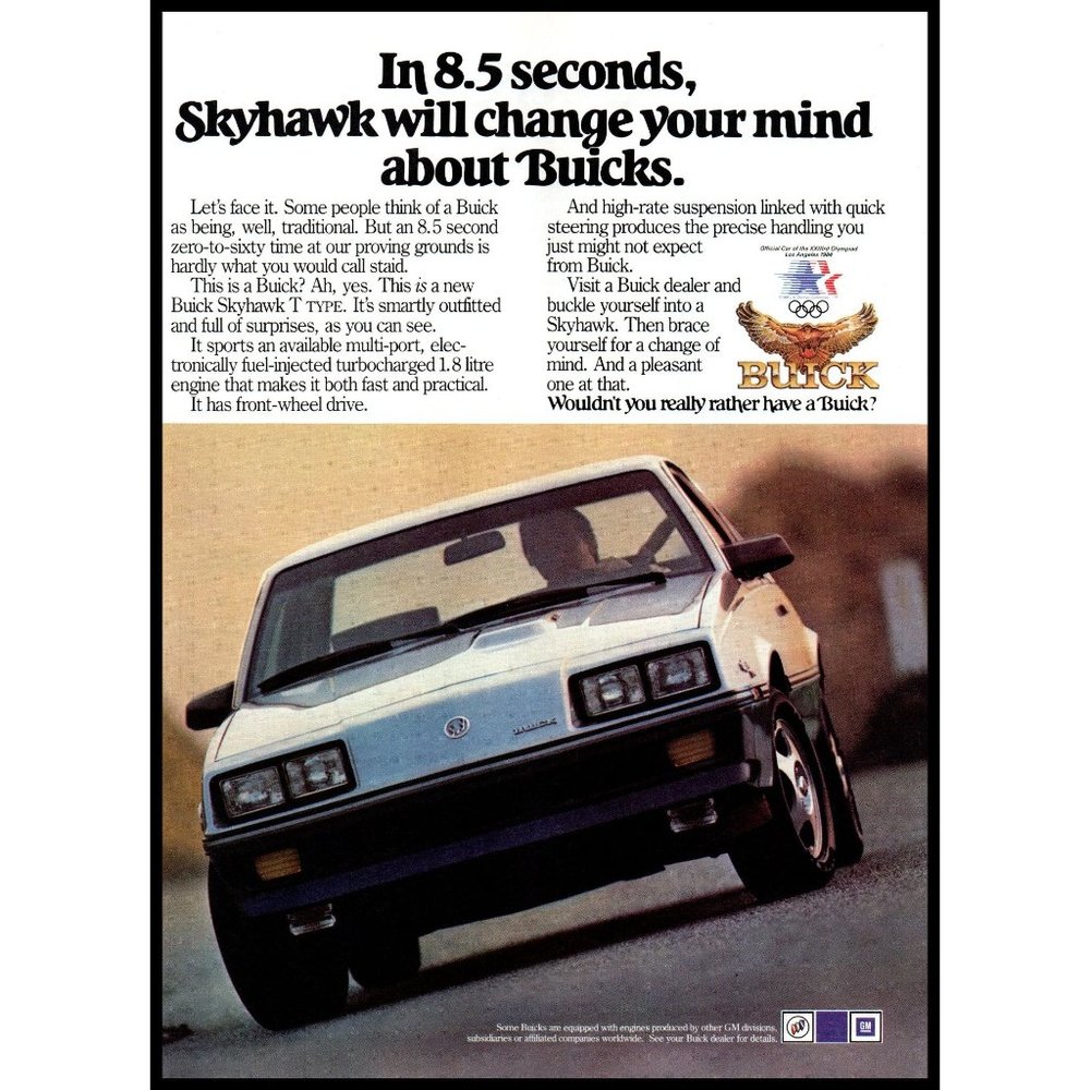 1984 Buick Skyhawk T Type Coupe Vintage Print Ad Los Angeles Olympics Wall Art